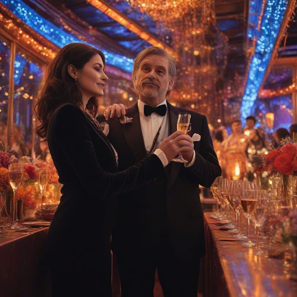 Elegant Adults Raise Champagne in Vibrant, Glowing New Year'...