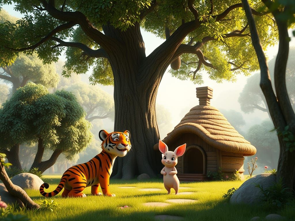 Tiger and Piglet at Rabbit's House in 3D Render