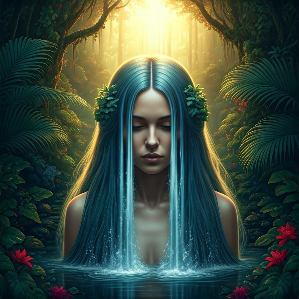 Mystical Woman with Waterfalls in Enchanted Forest