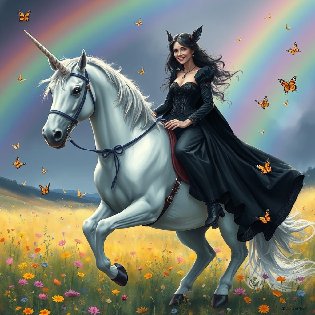 Gothic Woman Rides Unicorn Through Rainbow Meadow