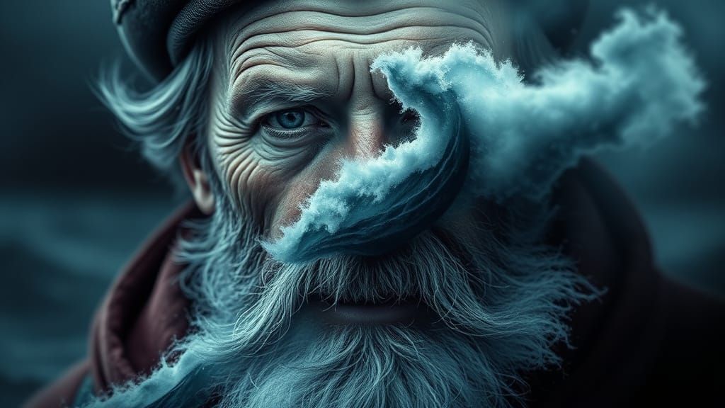 Portrait. A grizzled old sailor's face is filled with a stor...