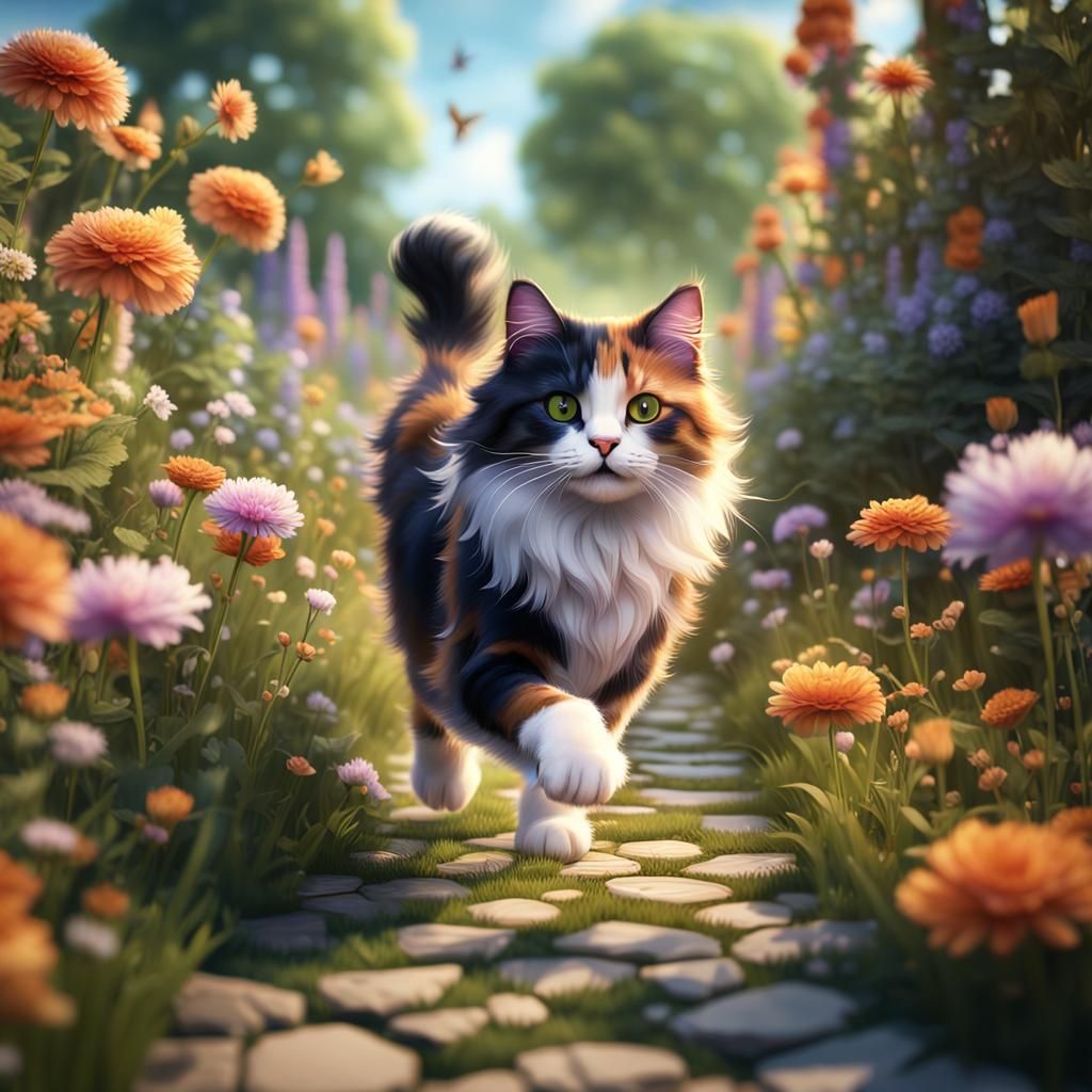 Fluffy Calico Cat Running on Garden Path