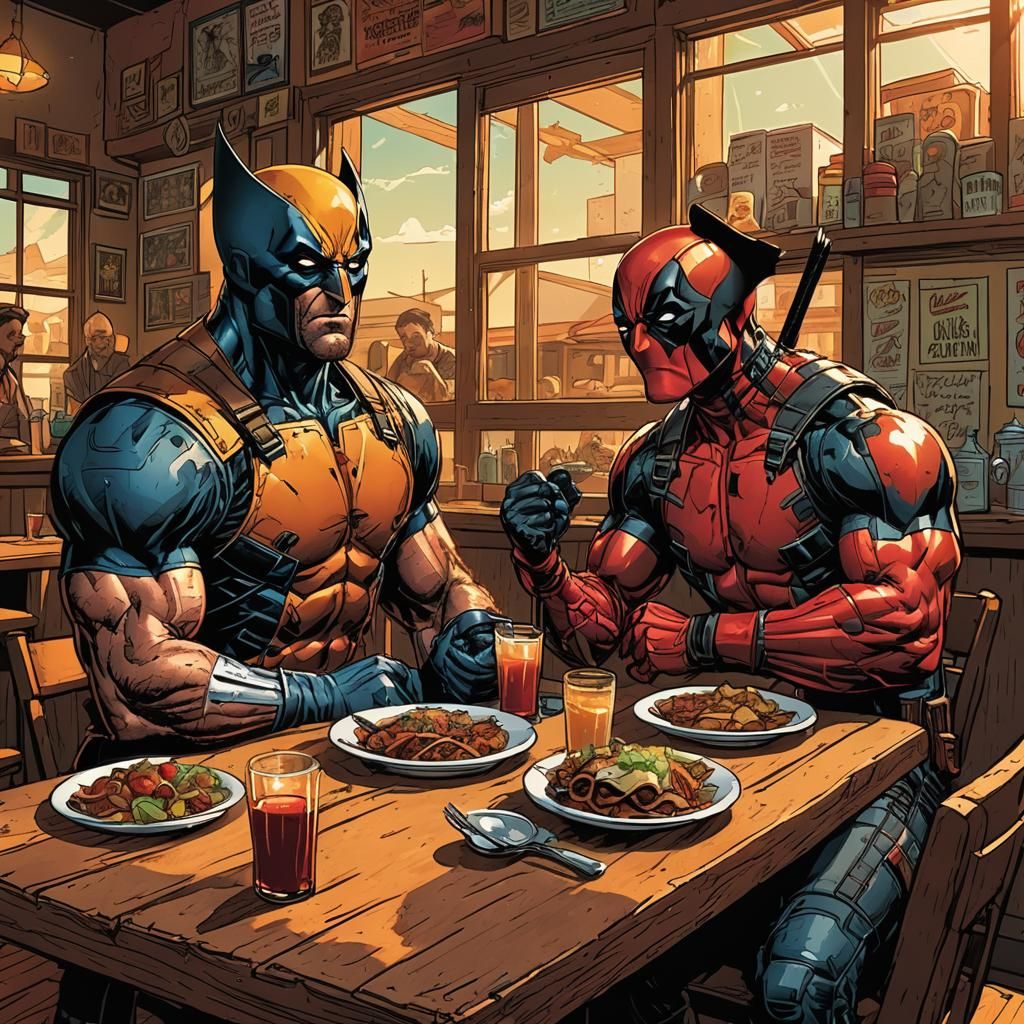 Wolverine and Deadpool Enjoying Chimichangas: Comic Book Art