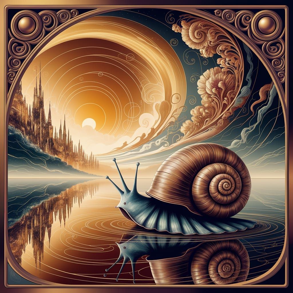 Majestic Snail with Art Nouveau Shell at Golden Sunrise