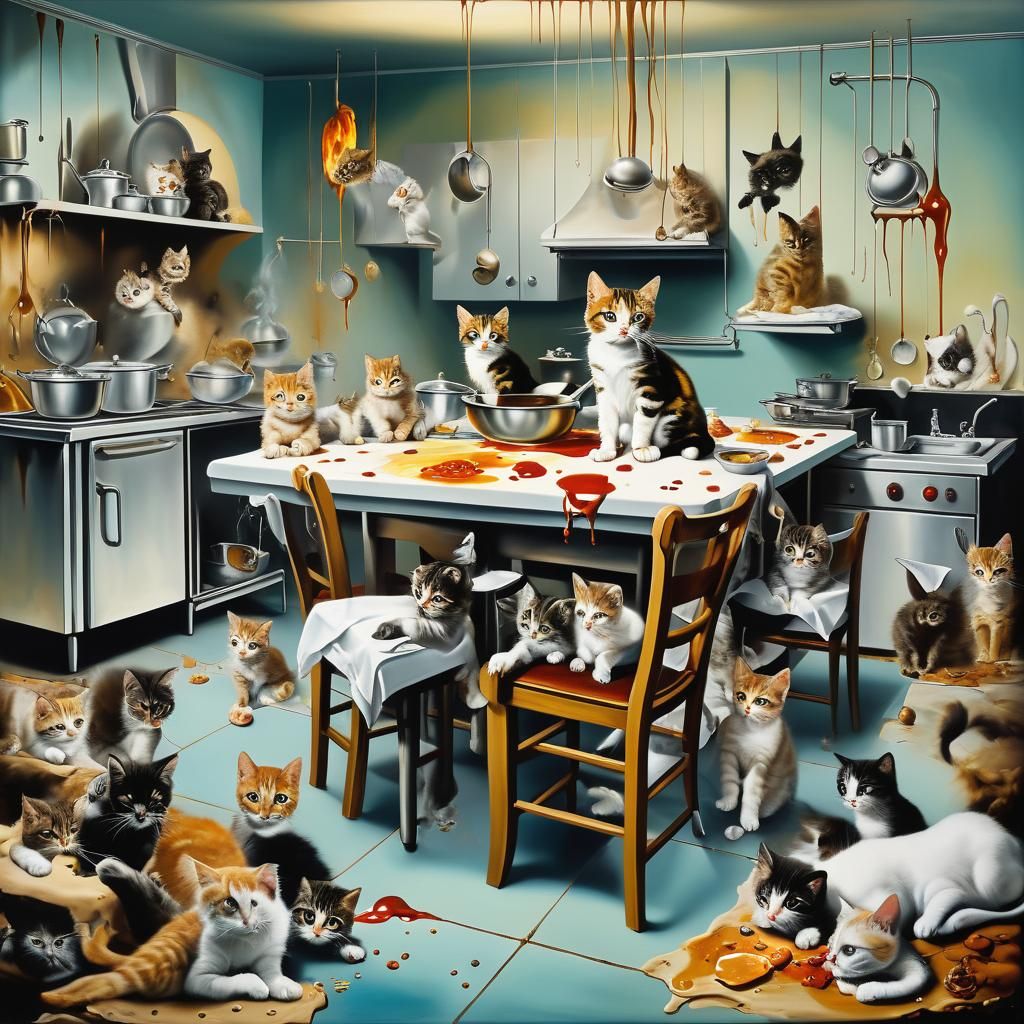 Kittens in a Surreal Restaurant Kitchen
