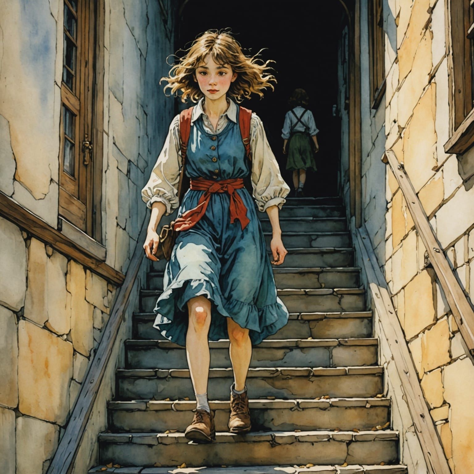 Anime-Inspired Watercolor Woman Descends Cheerful Stairs