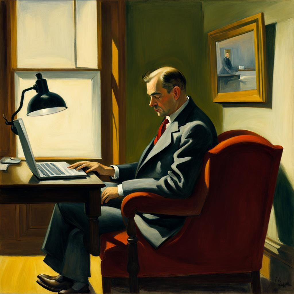 Man with Laptop in Edward Hopper Style