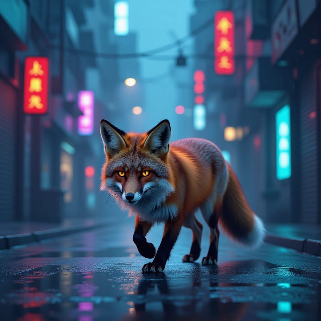 Cyberpunk Fox Navigates Neon City Alleys