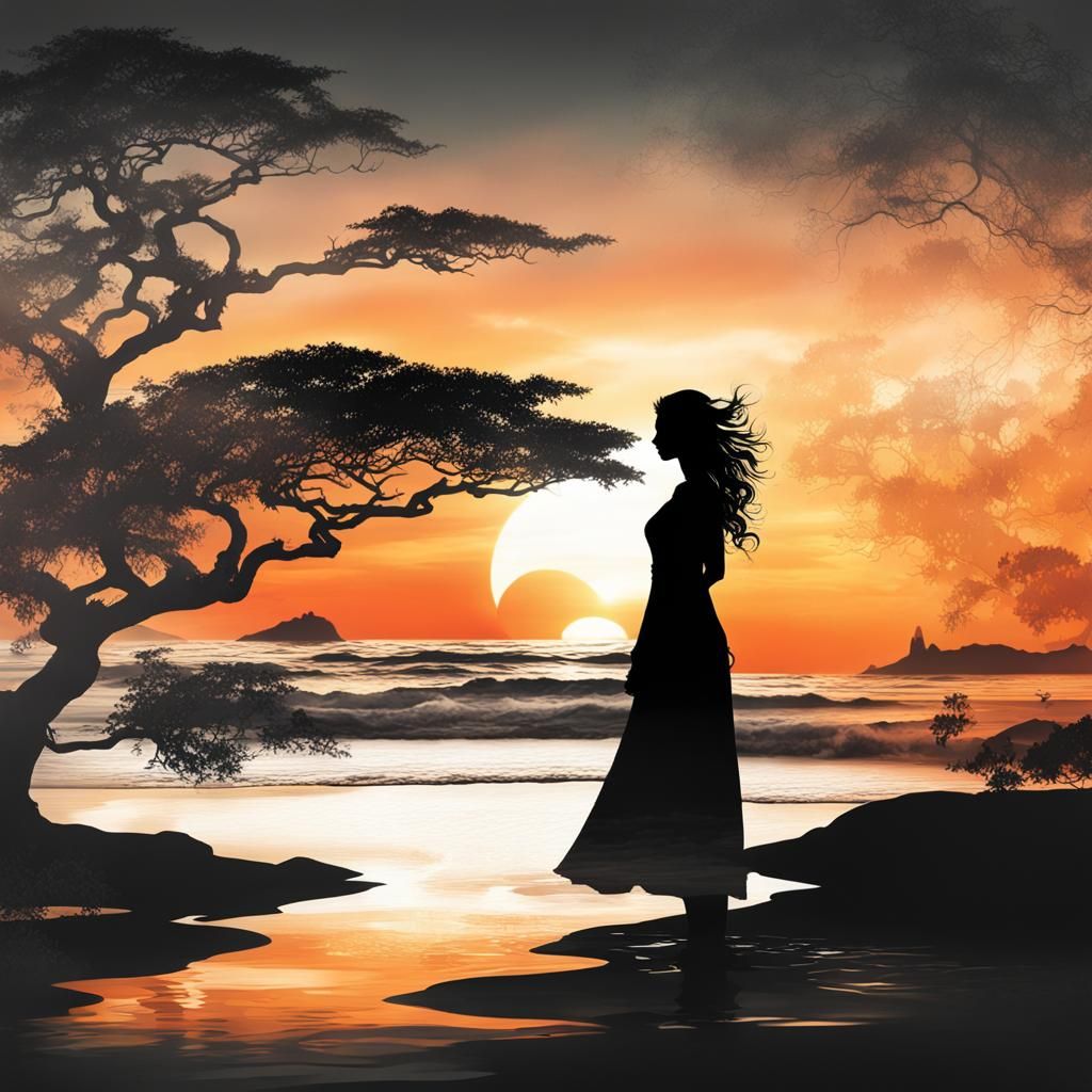 Goddess Silhouette with Sunset Coast: Double Exposure Art