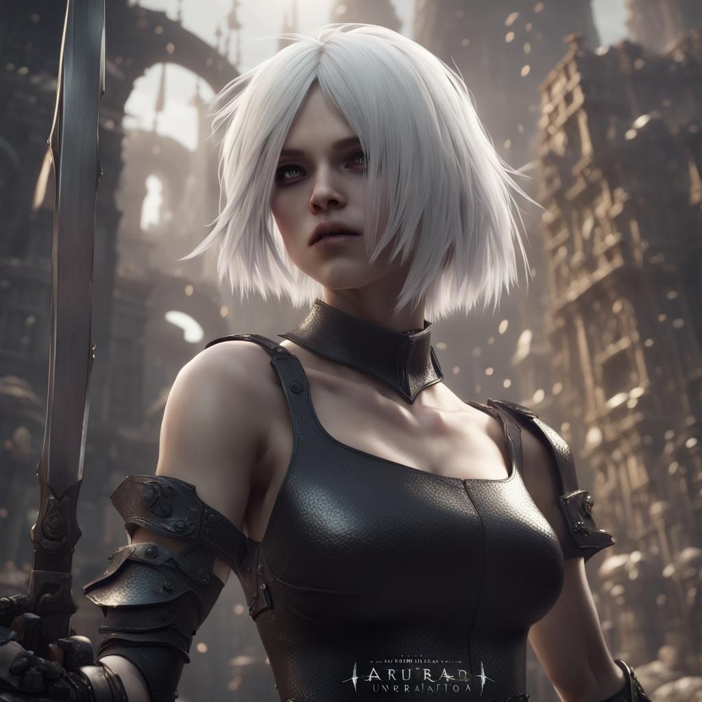 Nier Automata 2B Fighting Robots in a Destroyed World