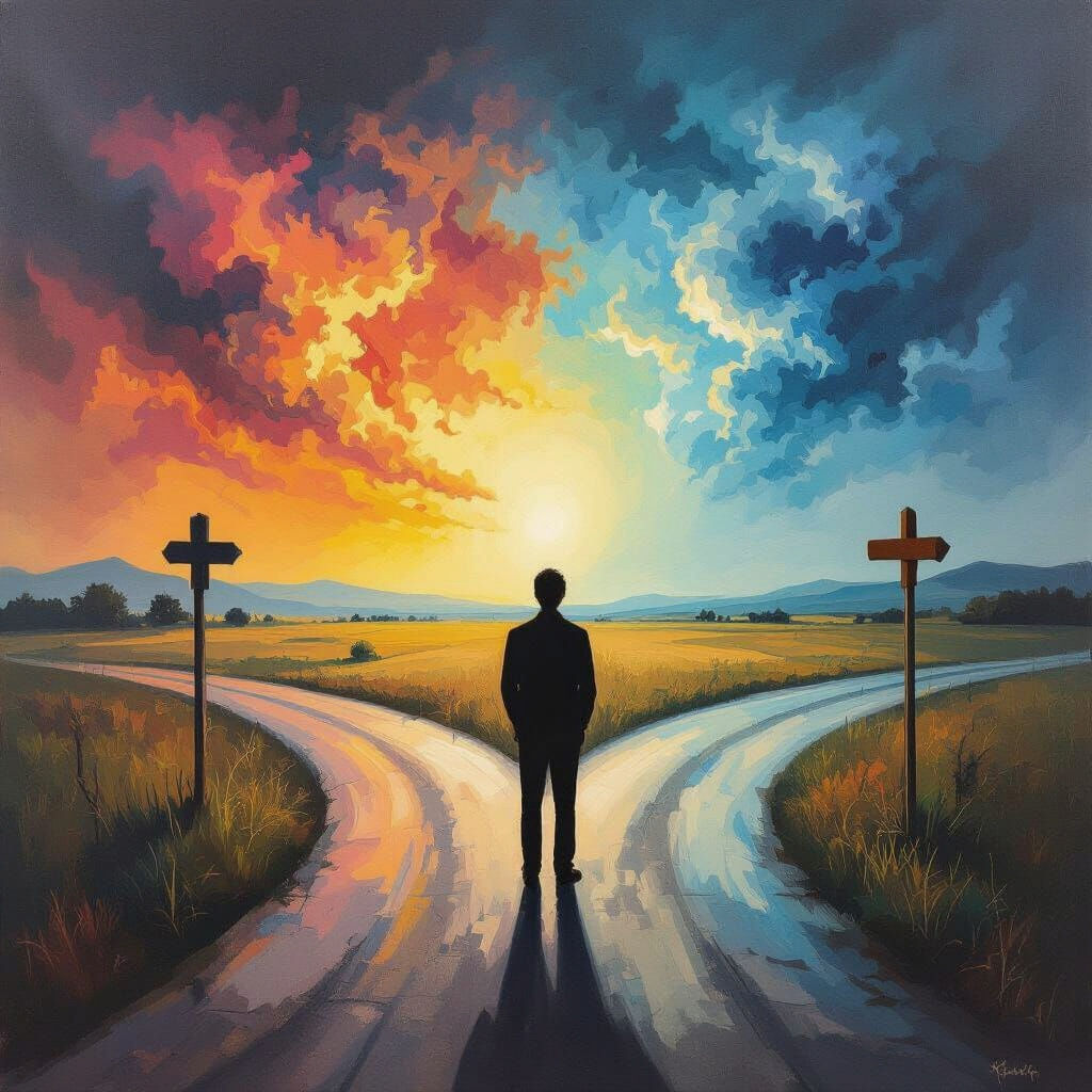 Surrealist Oil Painting of Life Choice Crossroads