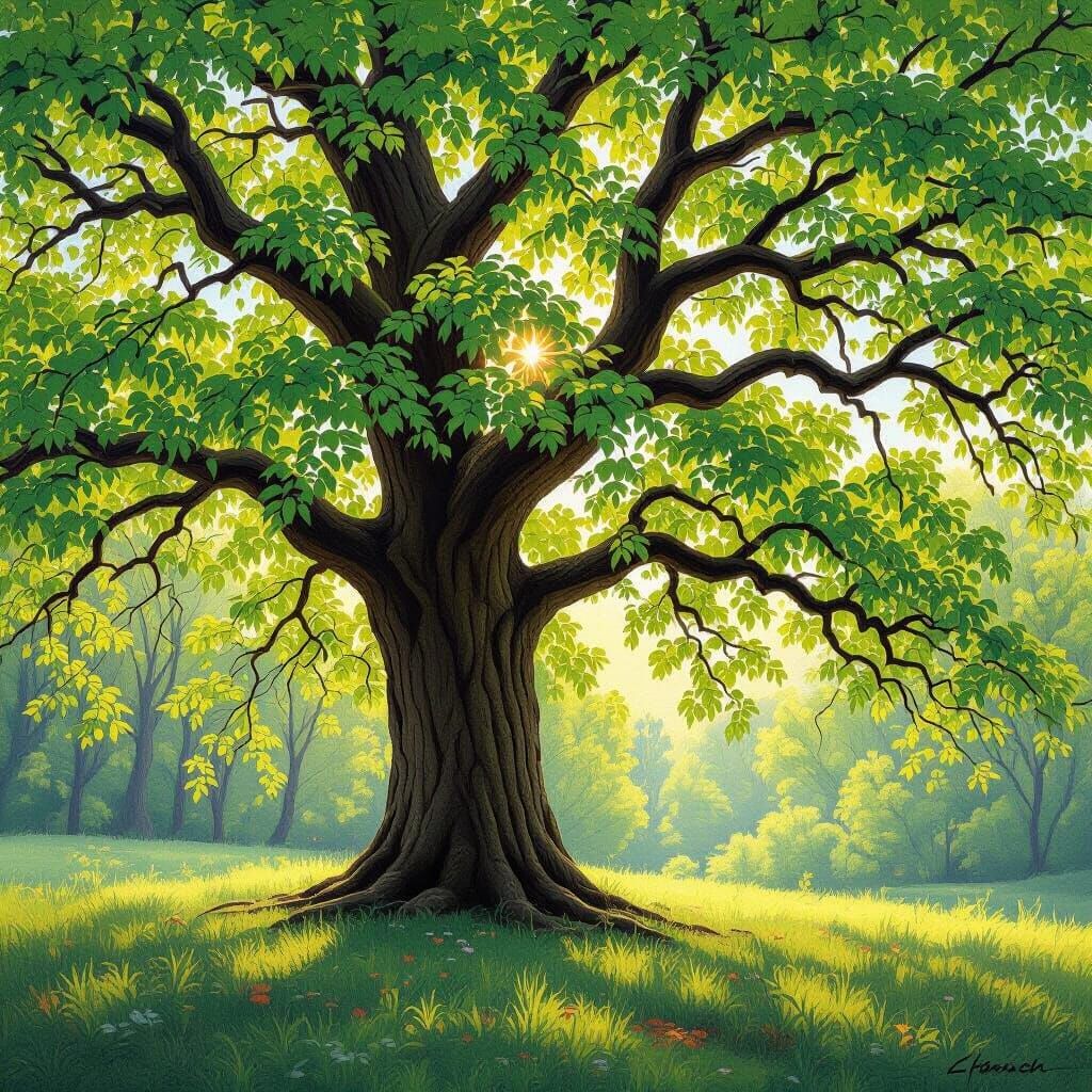 Majestic Spring Tree with Lush Leaves in Impressionist Style