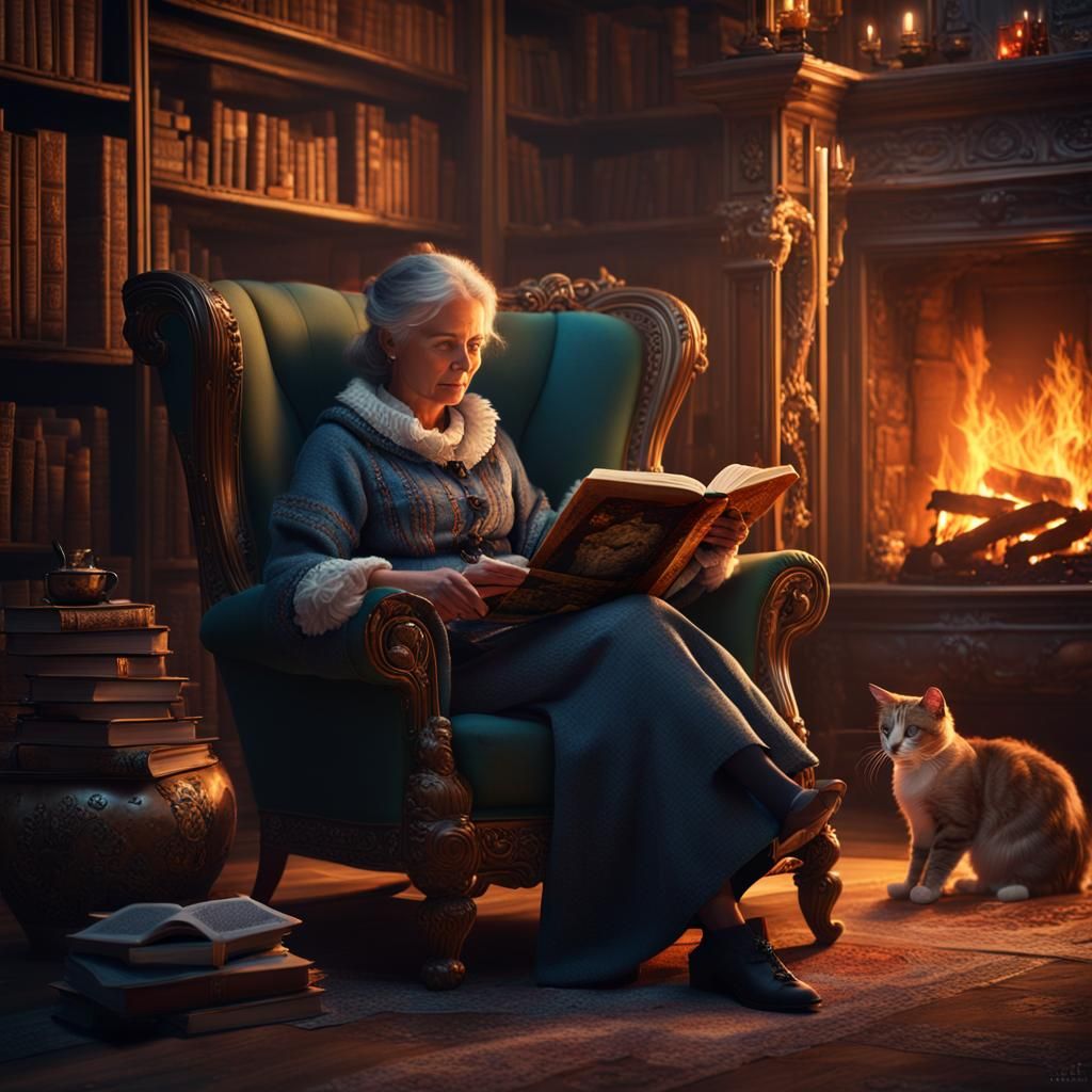 Lady Reading by Fire: Detailed Matte Painting