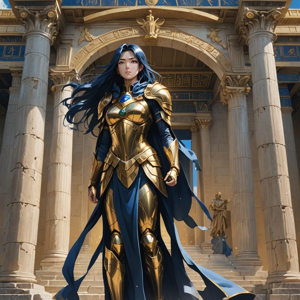 Anime Heroine in Golden Armor at Ancient Temple