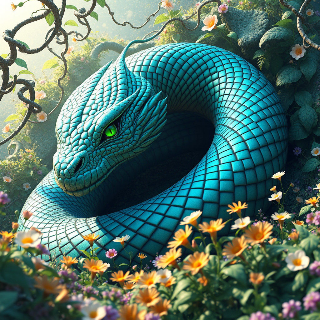 Majestic Serpent in Lush Fantasy Landscape