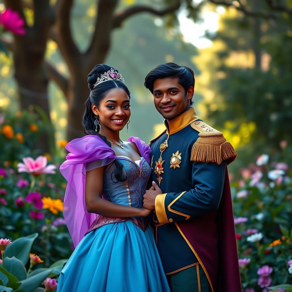 Princess Tiana and Prince Naveen in Whimsical Garden Portrai...