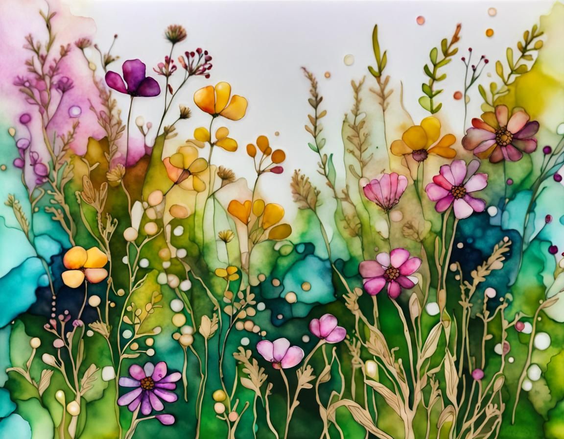 Vibrant Wildflower Meadow in Alcohol Ink Style