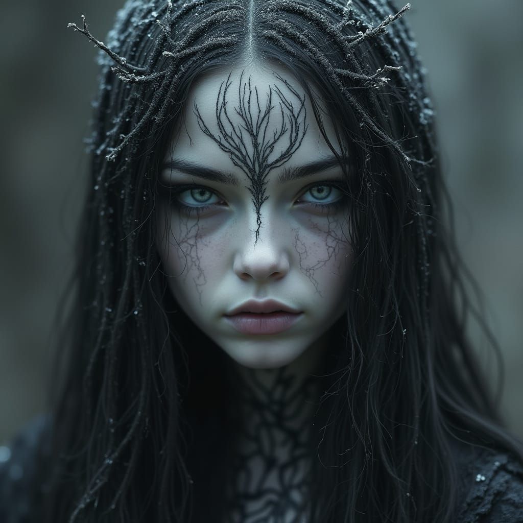 Ethereal Winter Goddess with Tree-like Pattern and Intense G...
