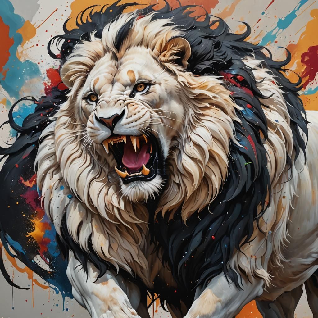 Black Lion Bites White Lion Tail: Hyperrealistic Splash Art