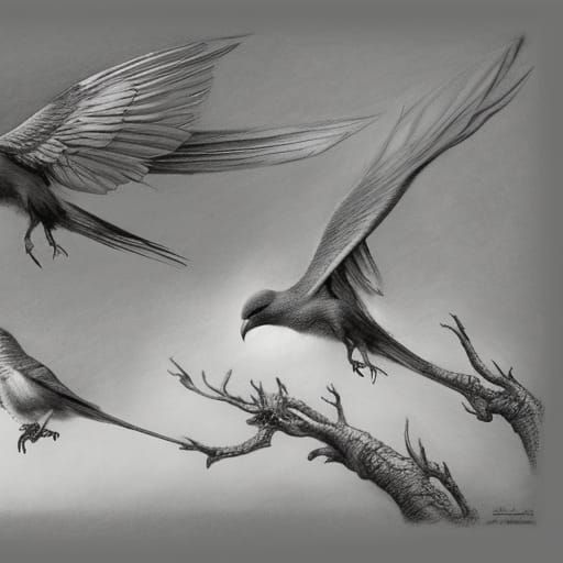 Pencil sketch, birds, 3d render, 3d shading, by artist "Dan ...