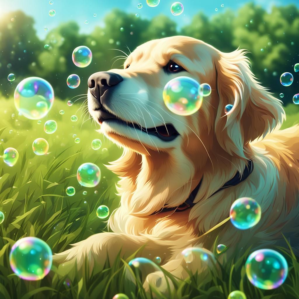Anime Golden Retriever Popping Bubbles