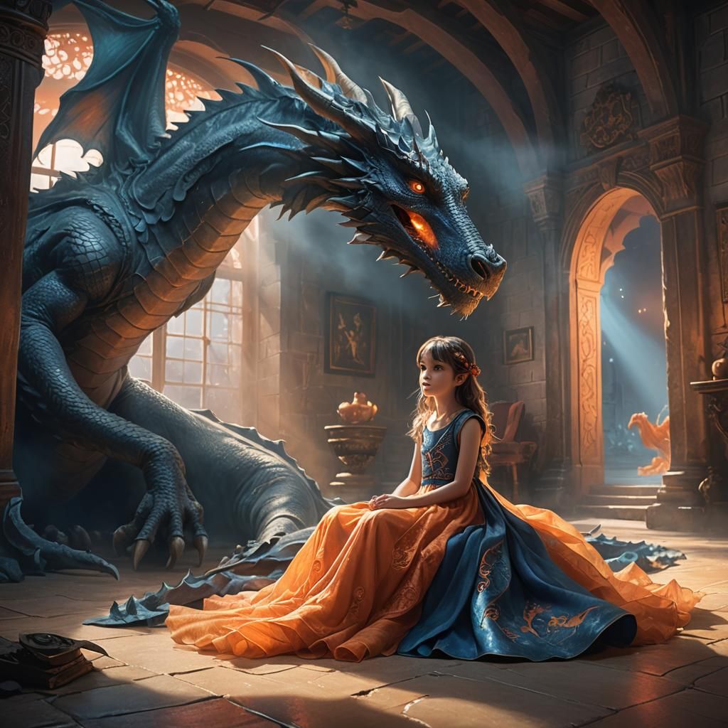 Girl and Dragon in Dreamlike Fantasy Room