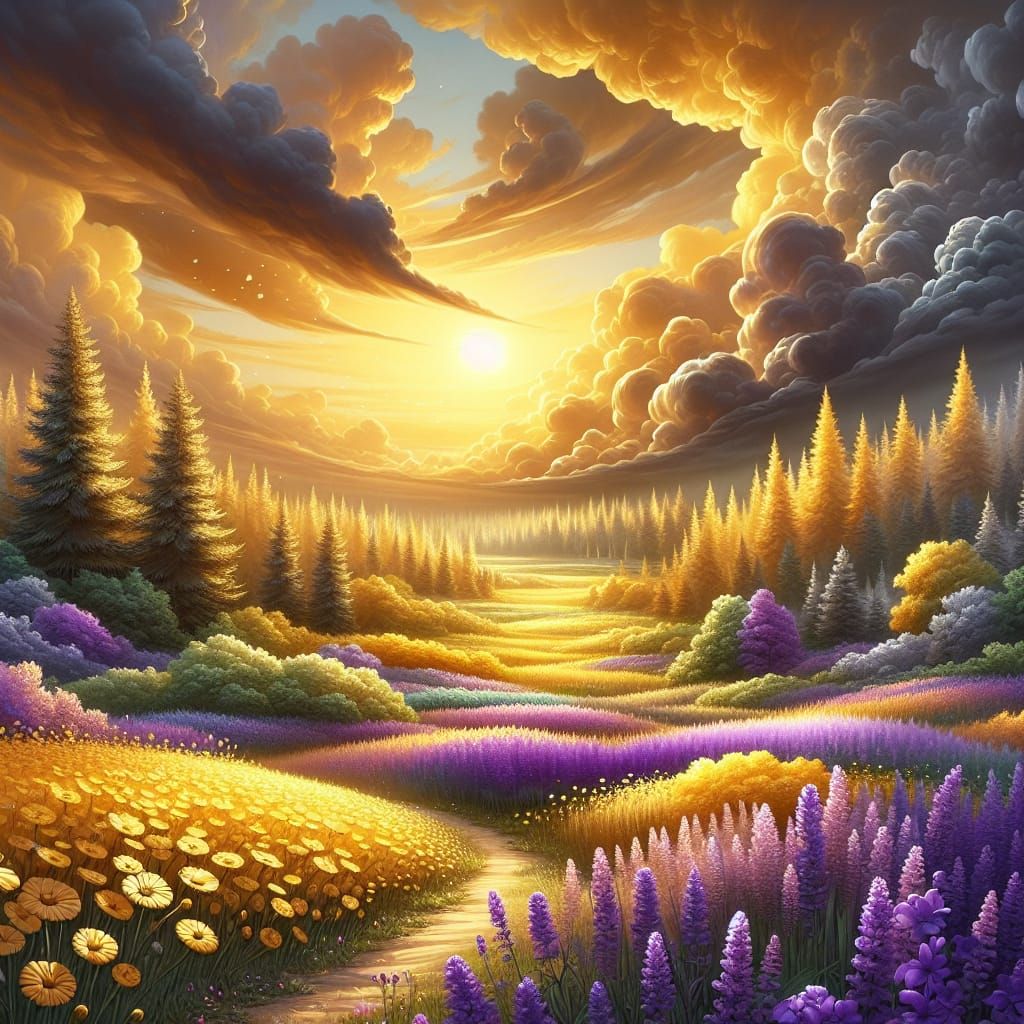 Enchanting Fantasy Scene with Gold, Lemon, Lavender, and Gre...
