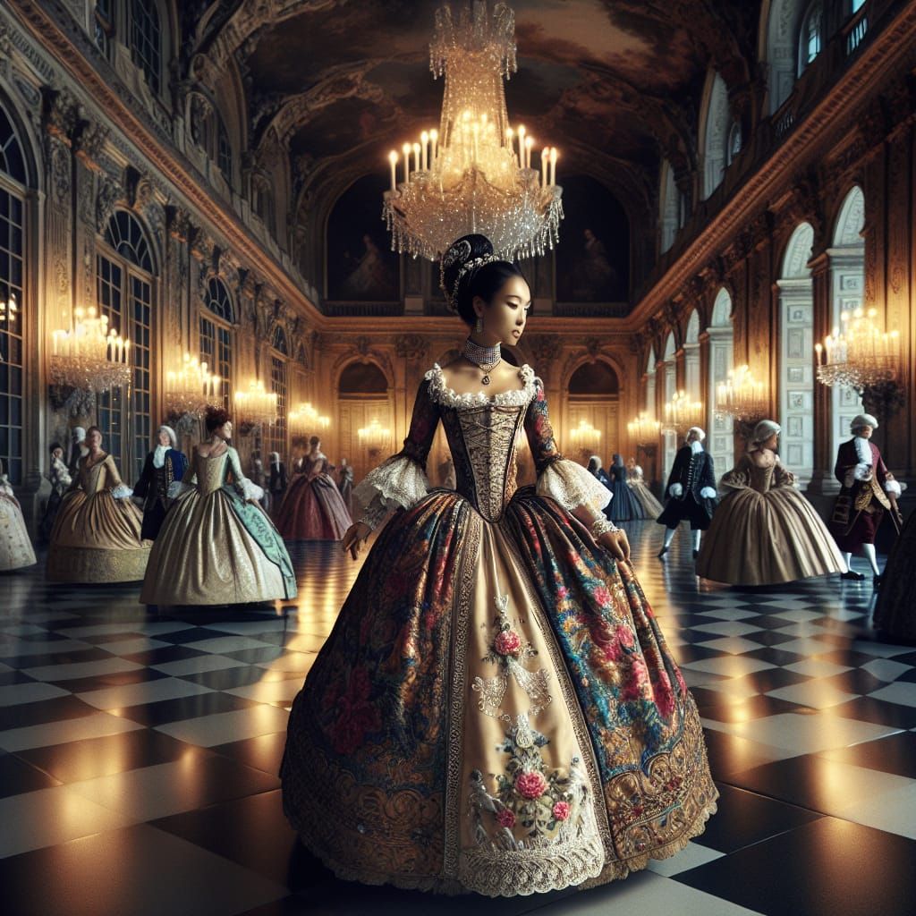 Elegant Ballroom Scene: Victorian and French Fashion Fusion