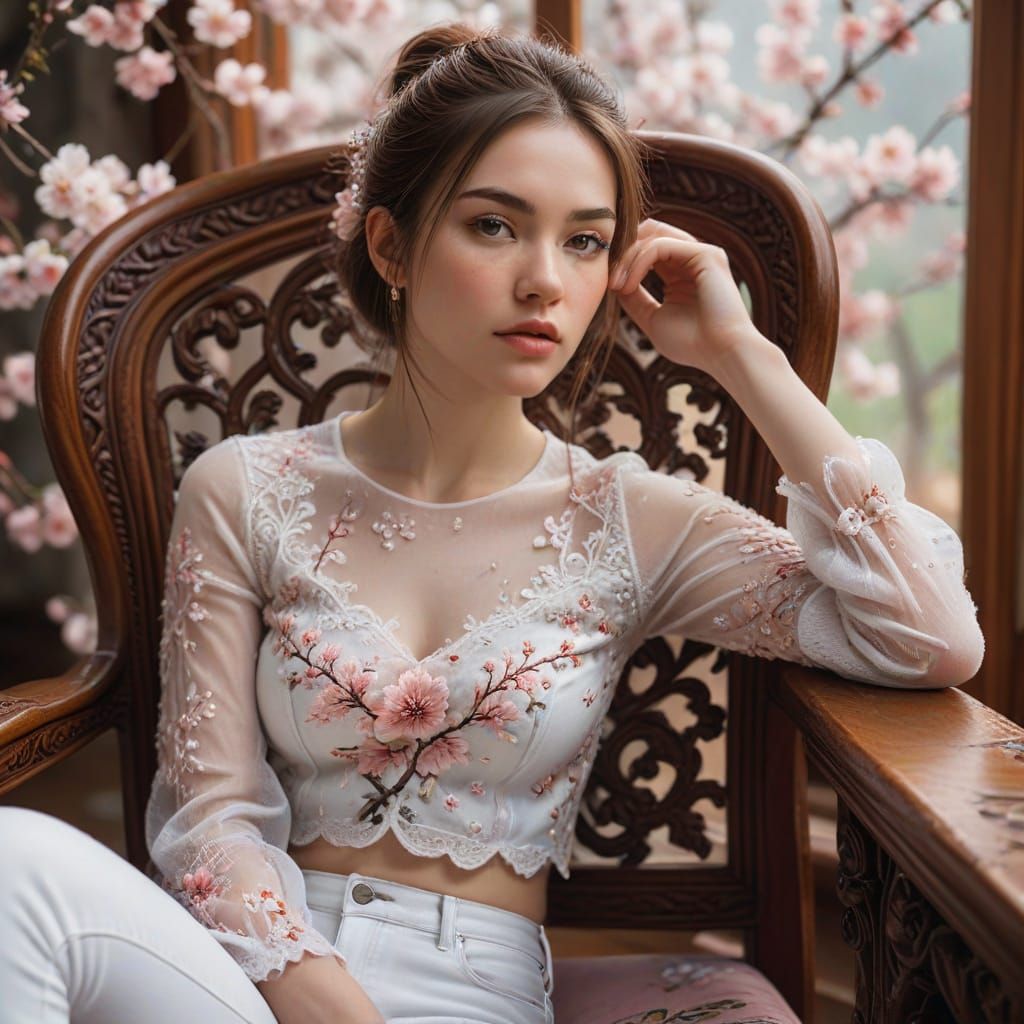 Woman on Ornate Chair in Pastel Cherry Blossom Scene
