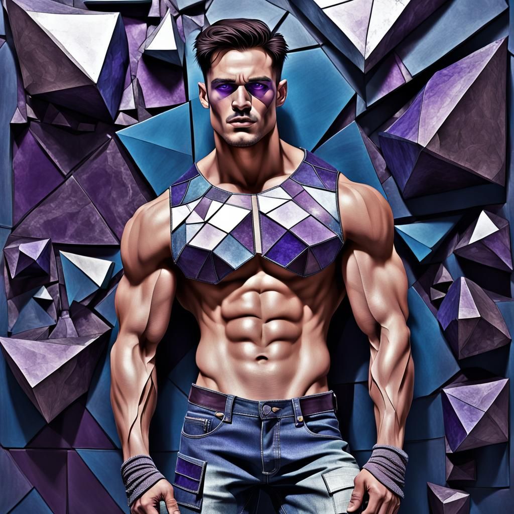 Cubist Man Portrait with Violet Eyes