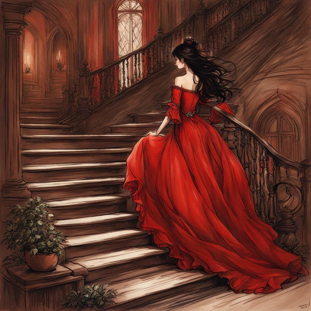 Wizard Girl Climbing Stairs in Arthur Rackham Style