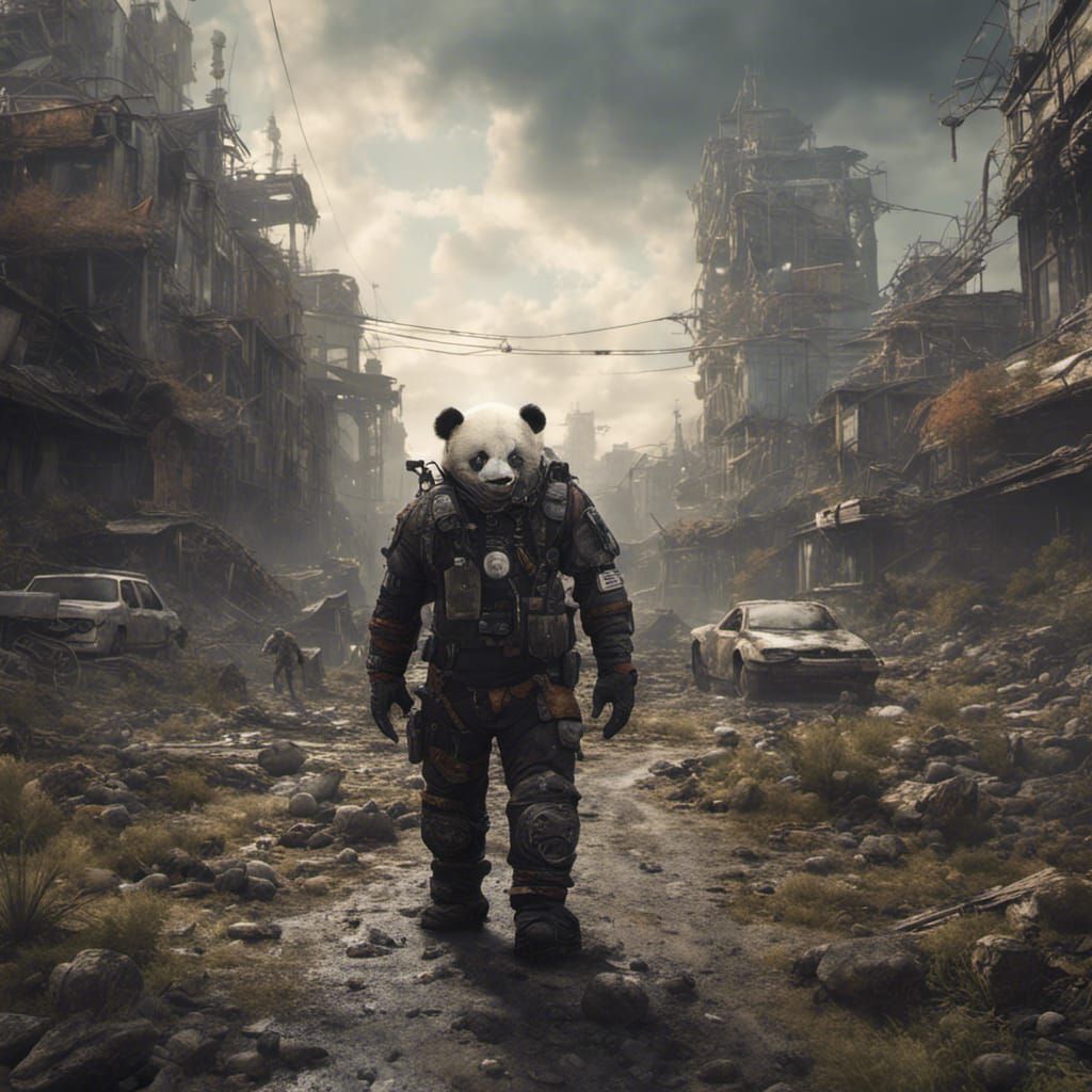 Panda in Cyber Suit: Post-Apocalyptic Zombie Landscape