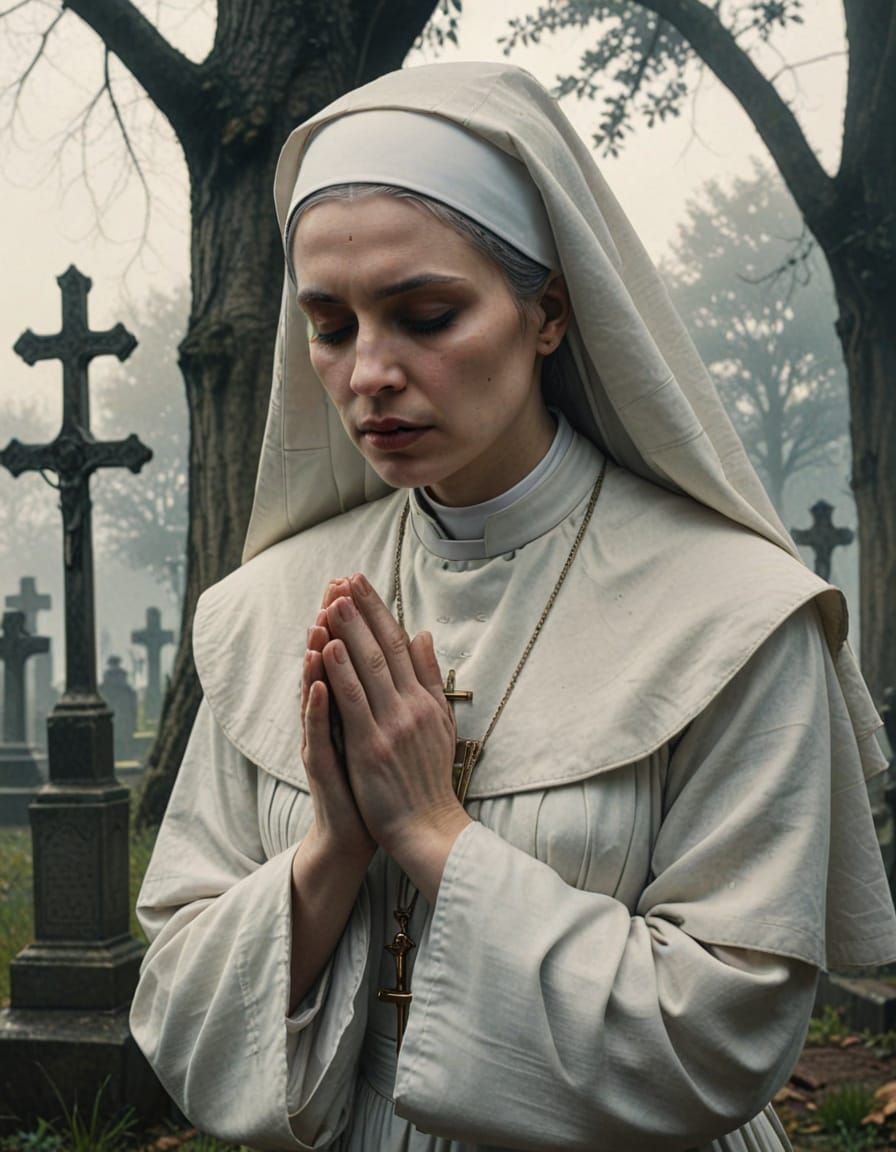 Ethereal Nun Praying in Graveyard as Oil Painting