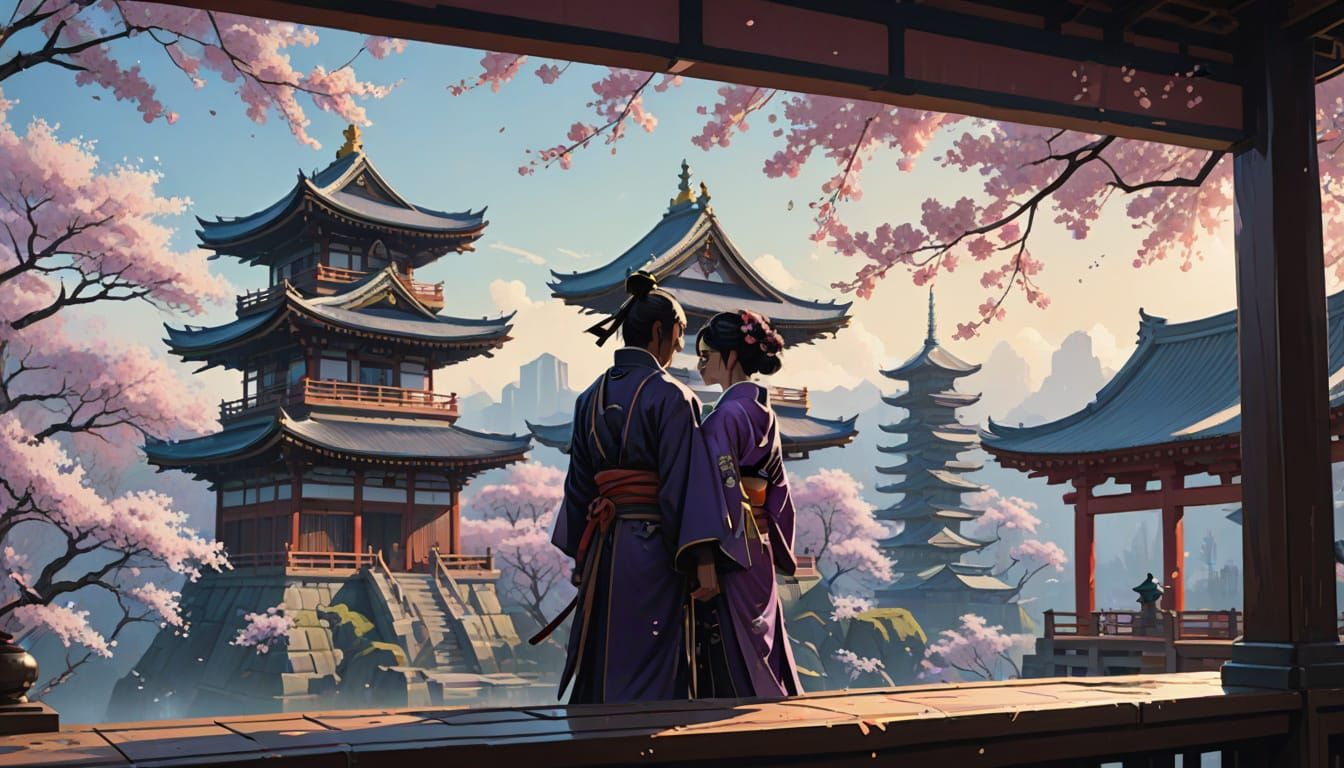 Samurai and Geisha Kiss in Shinkai Style Pagoda