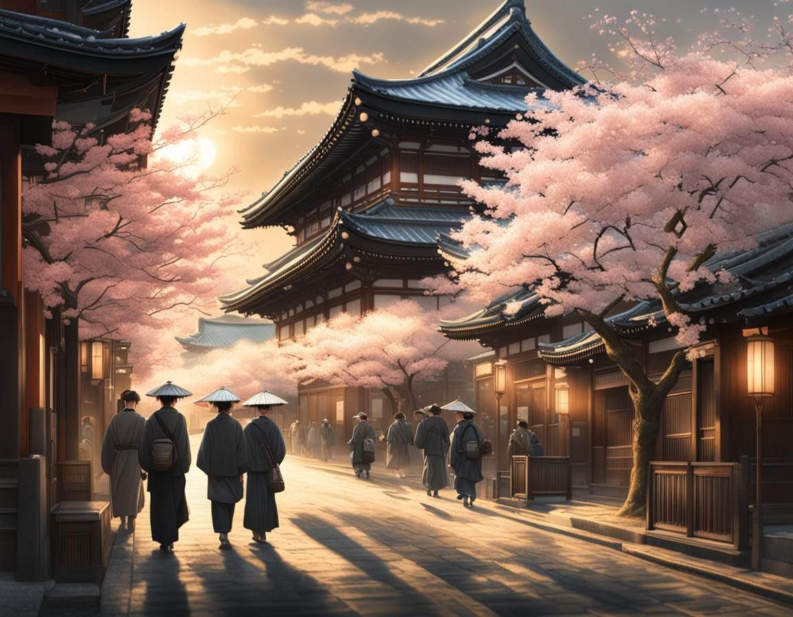 Meiji Era Japanese City Street Scene in Art Nouveau Style