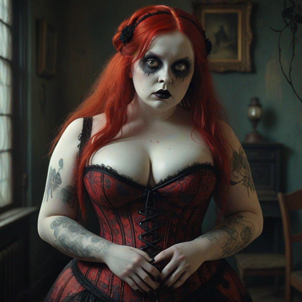 a stunning sweet faced  chubby women looks like she is a porcelain doll dark gothic make up sand clock figure  red hair ...