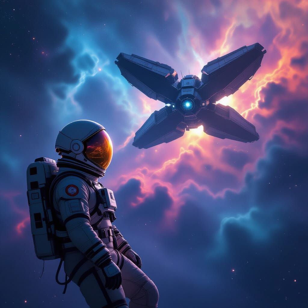 Astronaut Adrift in Nebulae with Insectoid Space Station