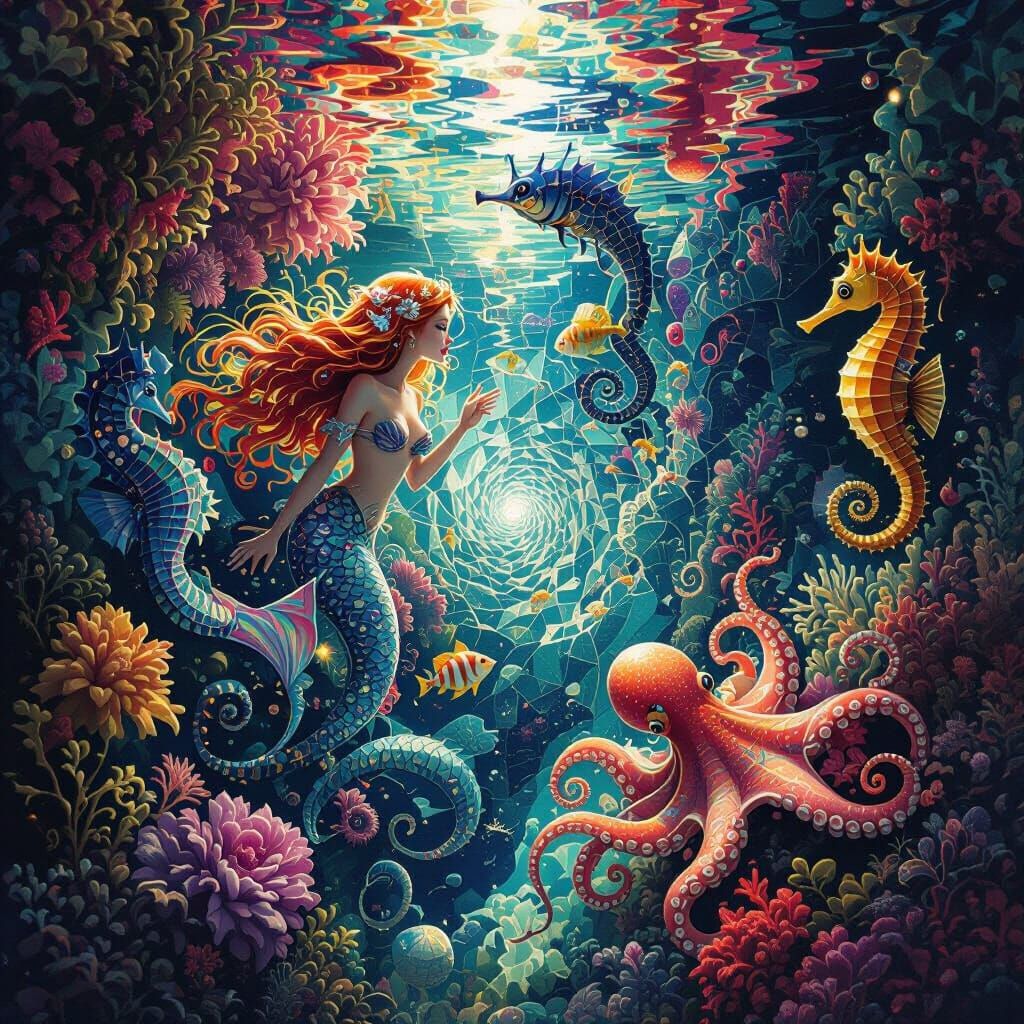 Underwater Kaleidoscope of Mermaids in Graphic Style