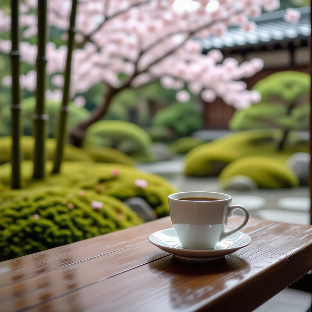 Coffee in Japanese Garden Photo with Blossoms