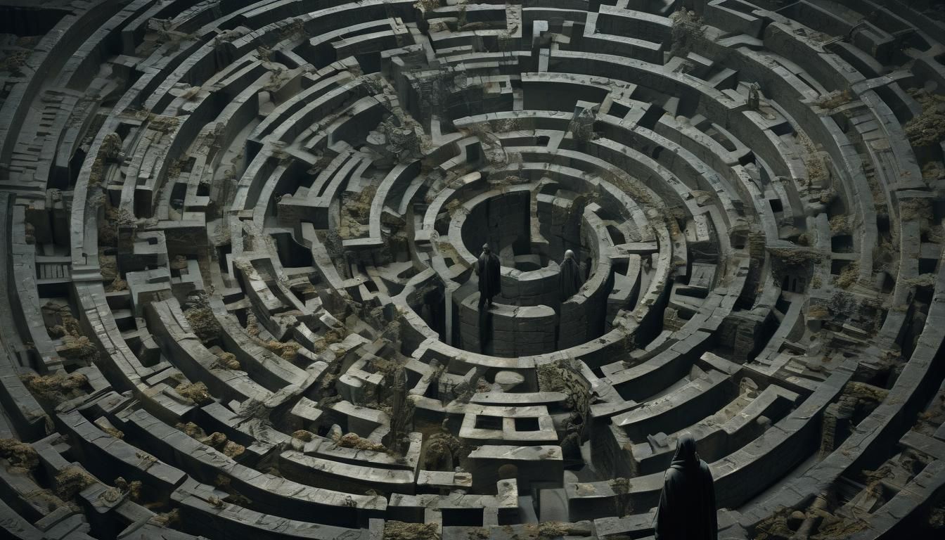 Eerie Figure Navigating Twisted Labyrinth in Dark Fantasy