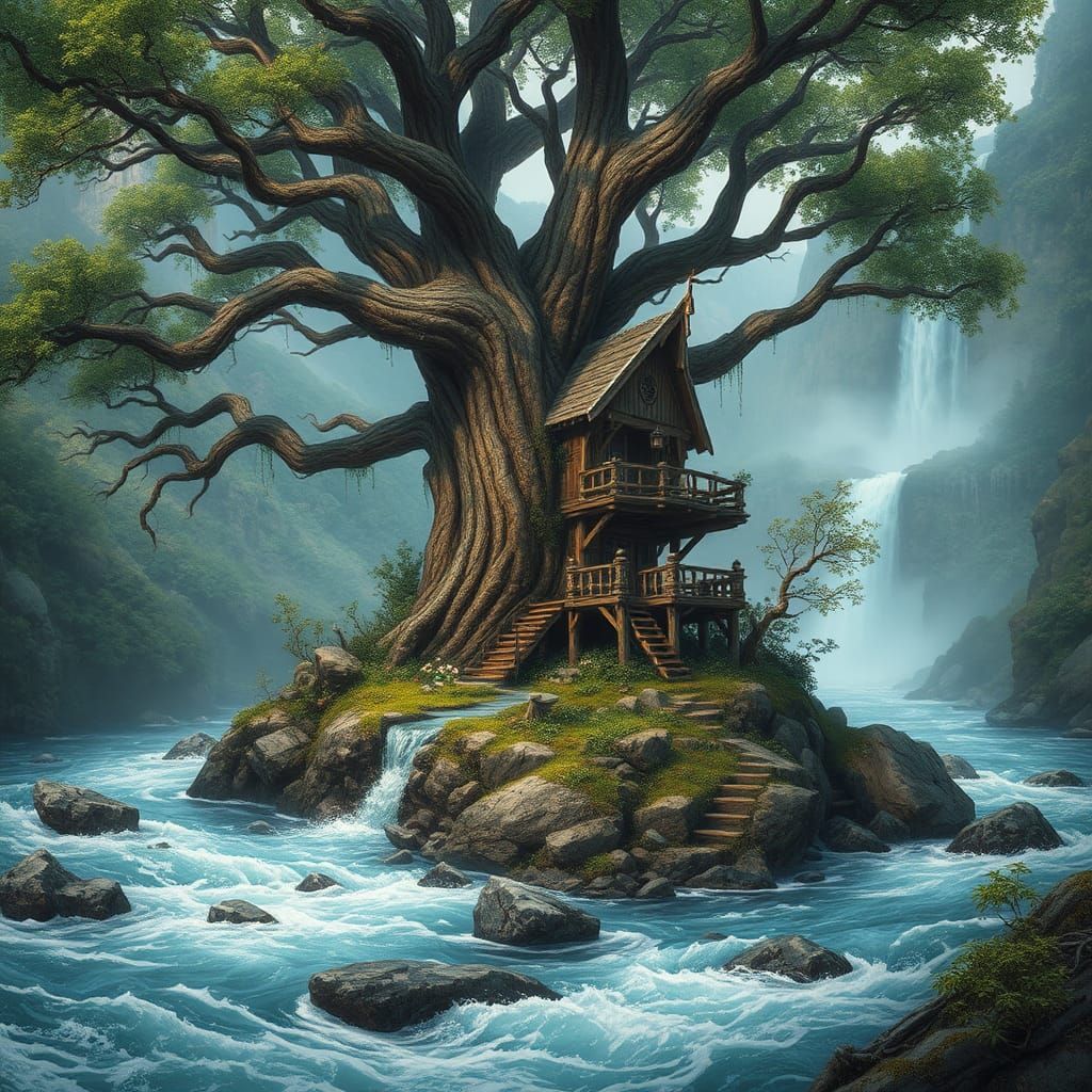 Mystical Treehouse Island in a Rushing River