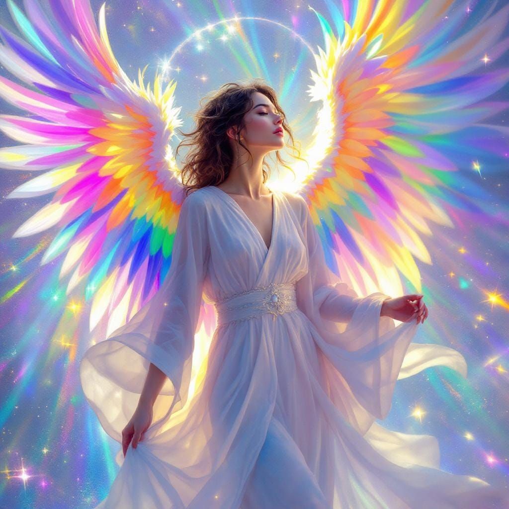 Rainbow-Feathered Angel in Ethereal Light