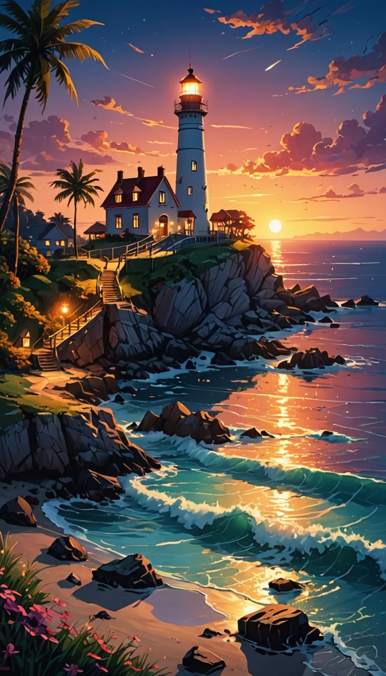 Lighthouse Seascape at Night in Boho Style