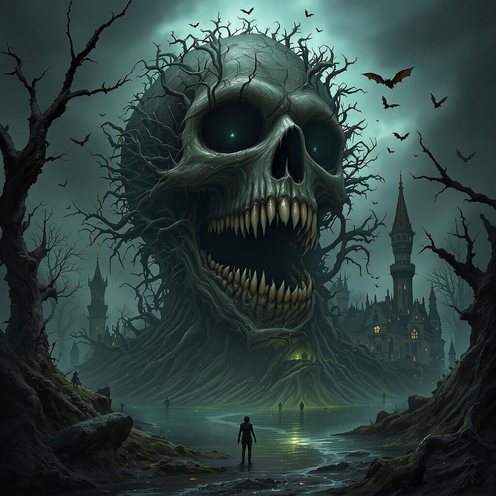 Gothic Macabre Skull Rises from Toxic Swamp
