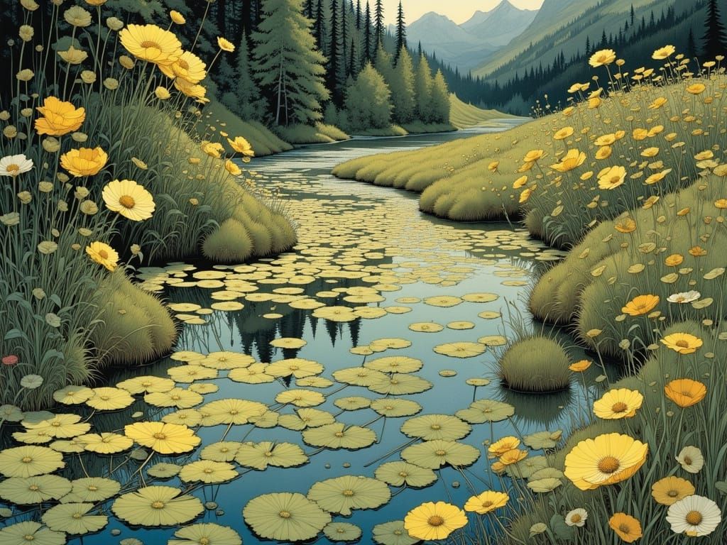 Luminous Water Garden in Art Nouveau Style