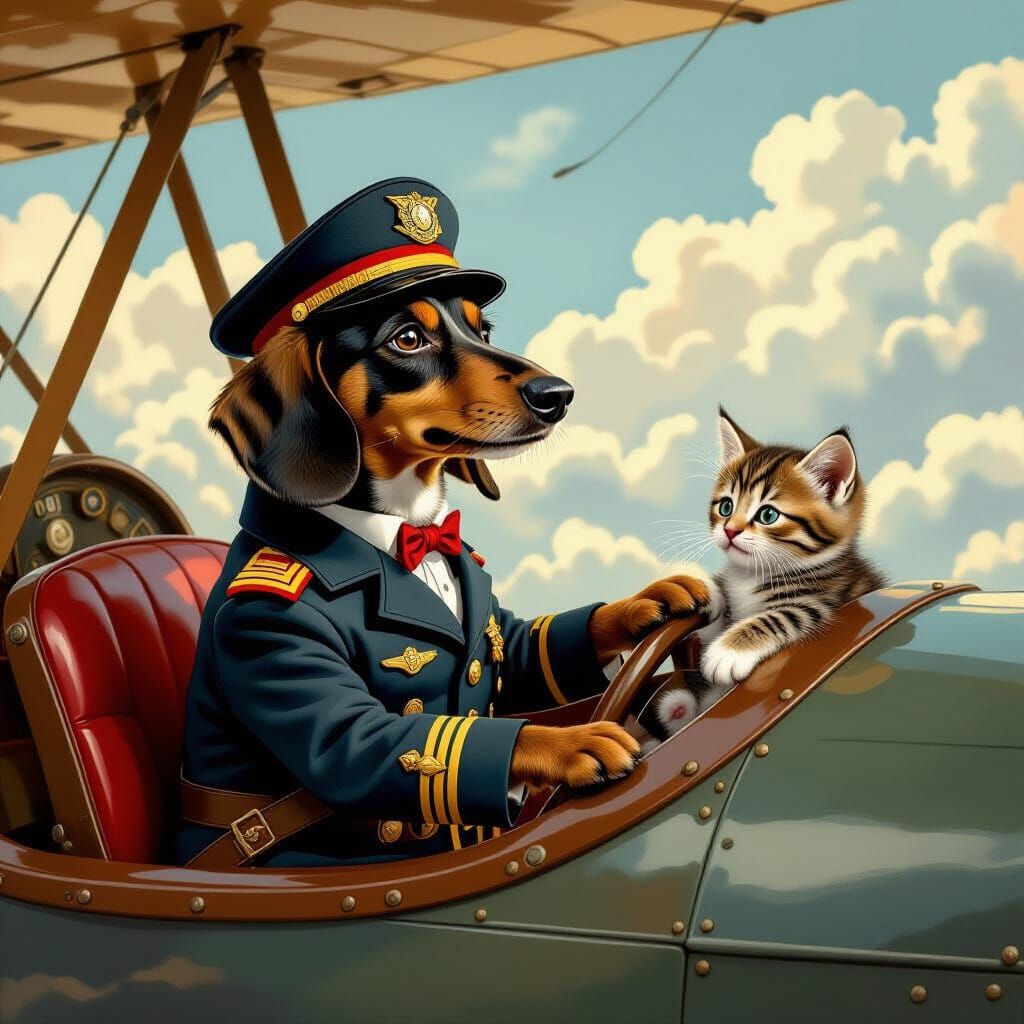 Dachshund Pilot Flies Biplane Inverted with Terrified Kitten