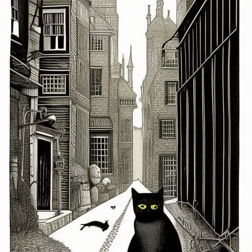 Cat Detective in Dark Alley, Pen and Ink Illustration