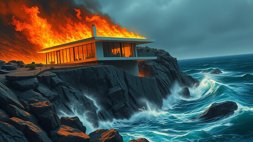 Modernist House Consumed by Flames Plunging into Ocean