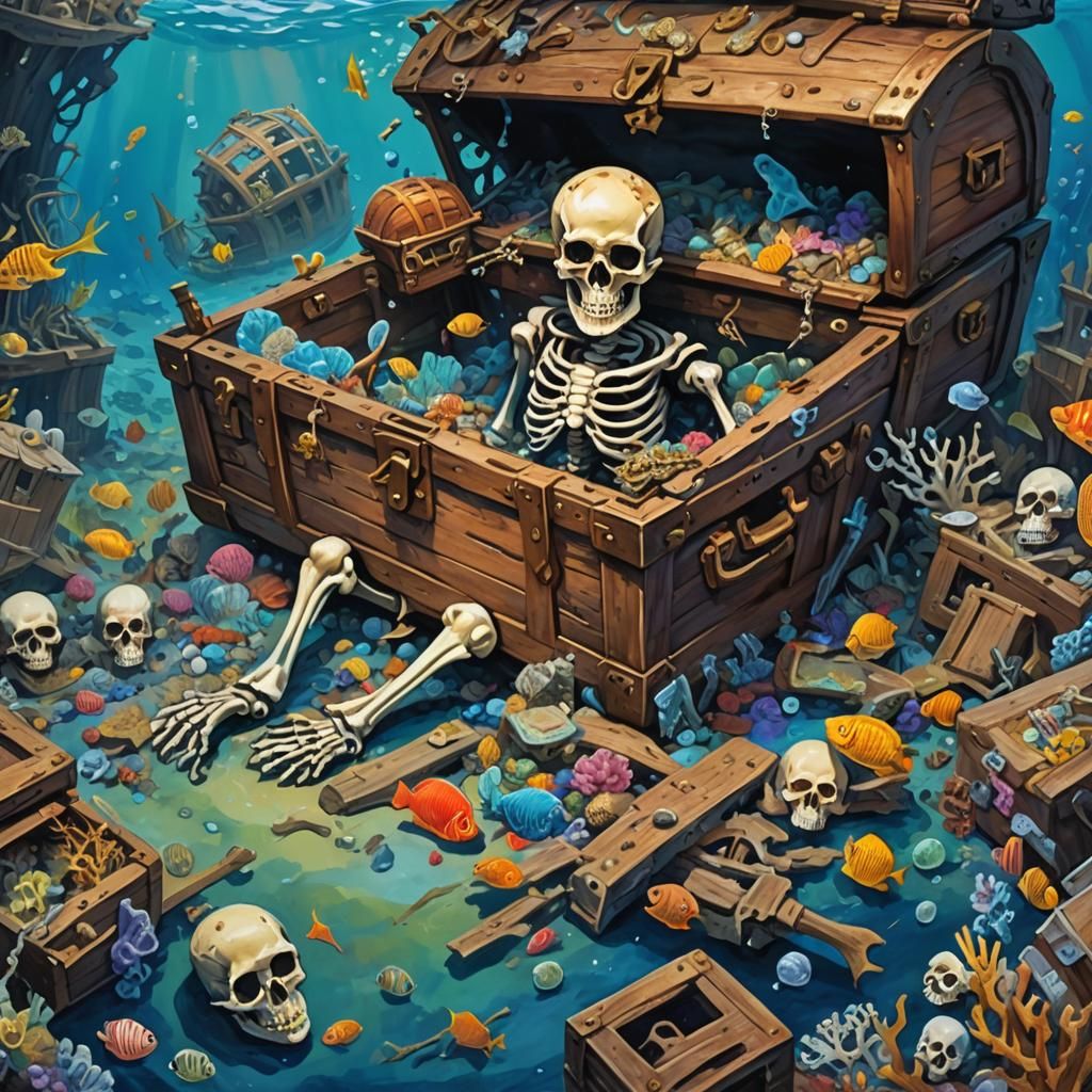 Underwater Shipwreck with Pirate Skeleton in Gouache Style