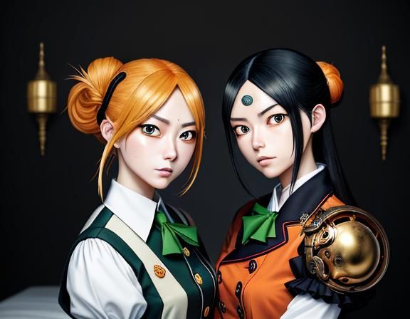 Anime Twin Sisters Kissing in Manga Style